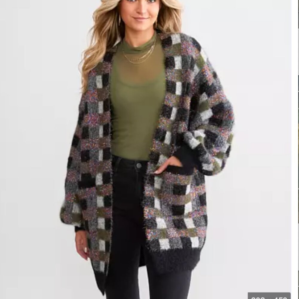 RAIN + ROSE Tinsel Checkered Open Front Cardigan Sweater size medium